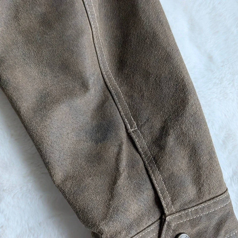 Guess Men's XL Brown Genuine Leather Distressed Full Zip Quilted Lined Jacket XL